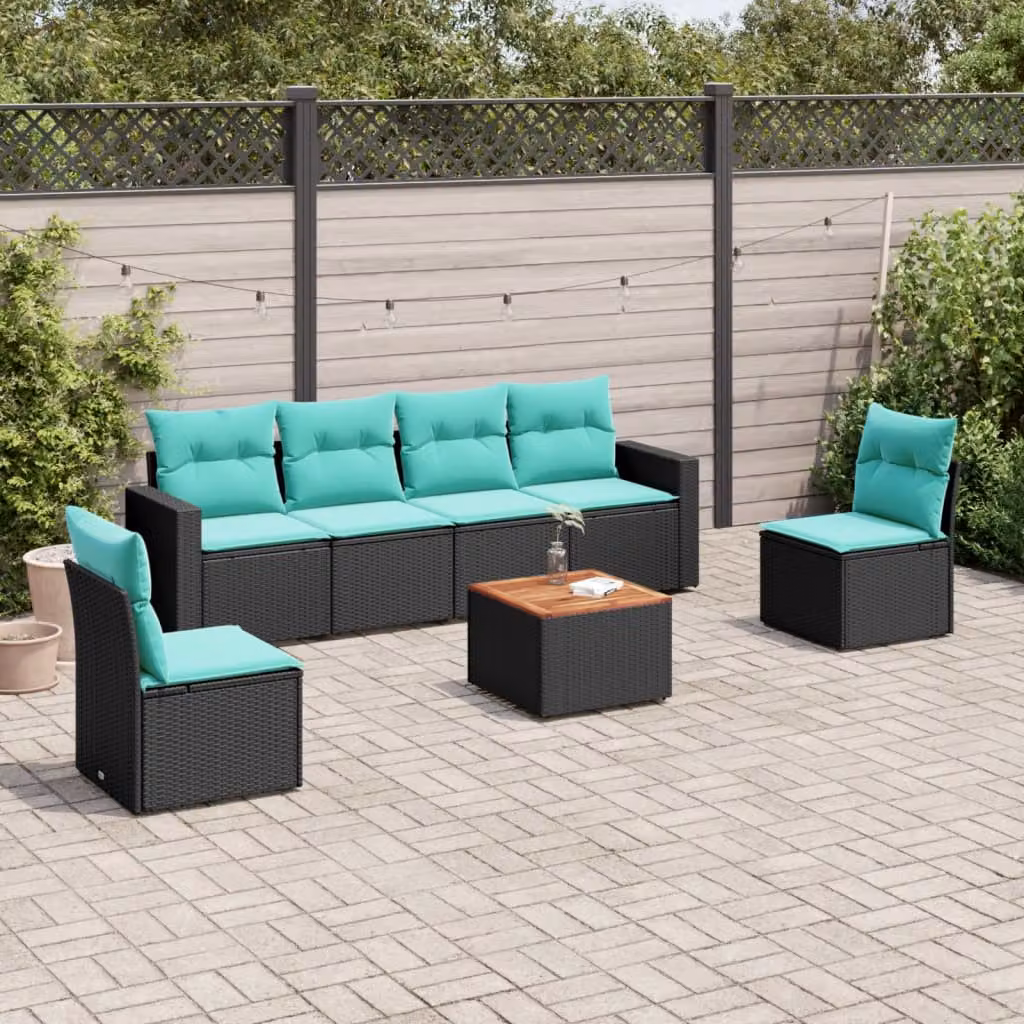 Set da giardino vidaXL in polyrattan nero composto da 7 pezzi con cuscini inclusi e design a L per esterno