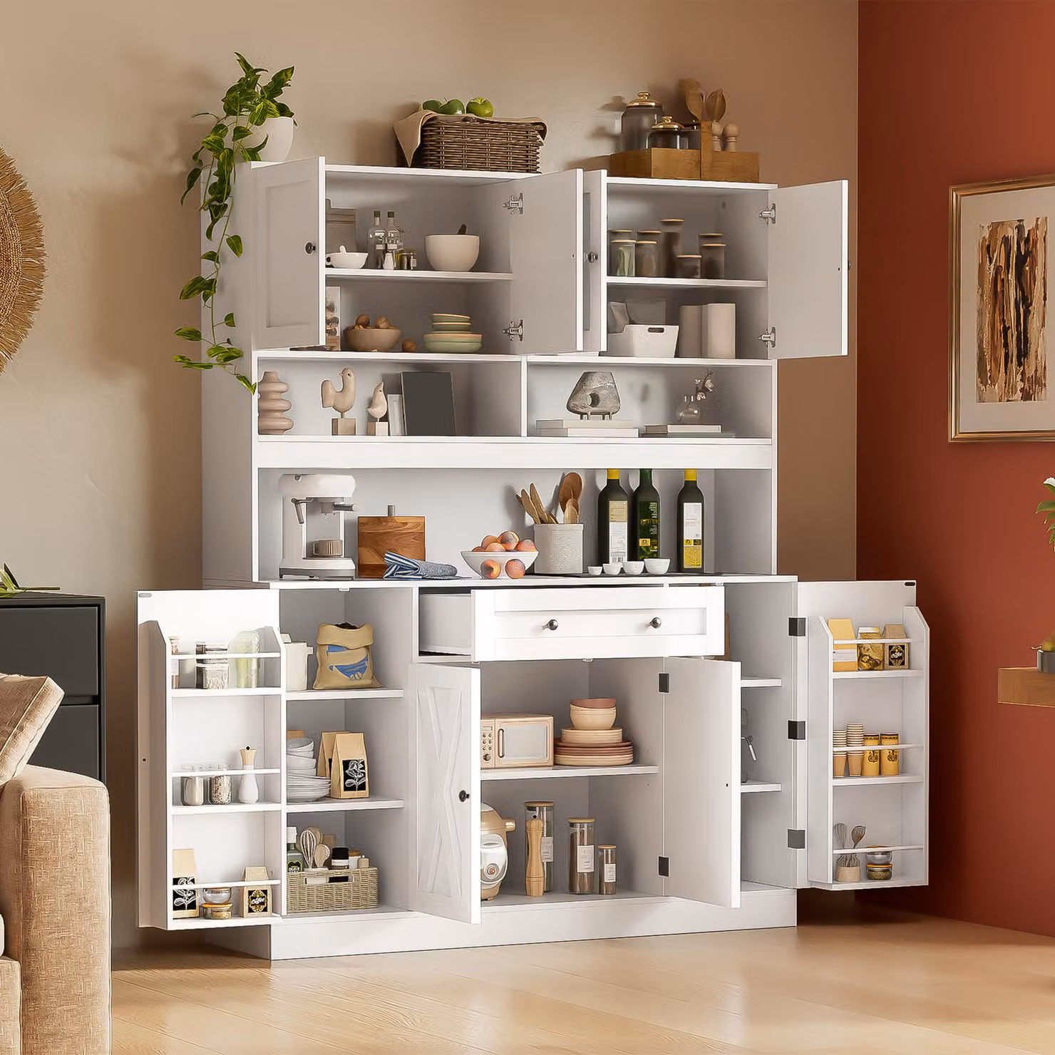 Mobiletto da cucina/credenza MODFU con presa di corrente, armadietto contenitore con ripiani regolabili, mobiletto alto 140 x 40 x 185 cm, color crema