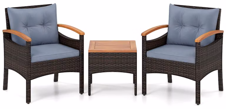 Set da giardino in rattan composto da 3 pezzi con cuscini e tavolo.