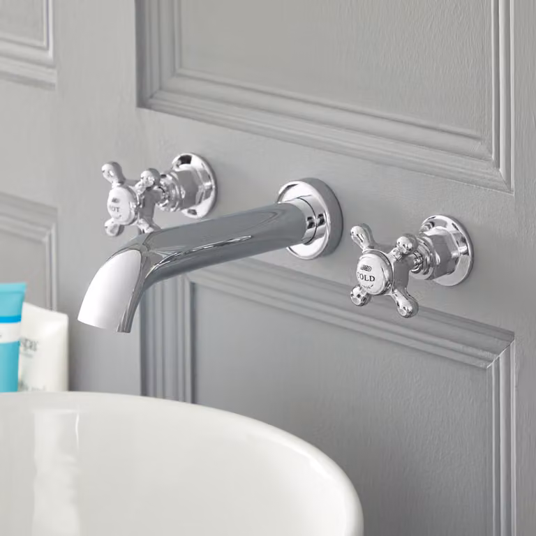 Rubinetto Lavabo a Parete 3 Fori a Croce - Cromo/Bianco - Stile Classico ed elegante - Elizabeth