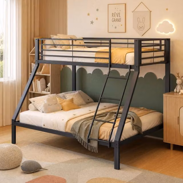 Letto a castello in metallo nero 90x200 cm sopra; 140x200 cm sotto; con scala reversibile