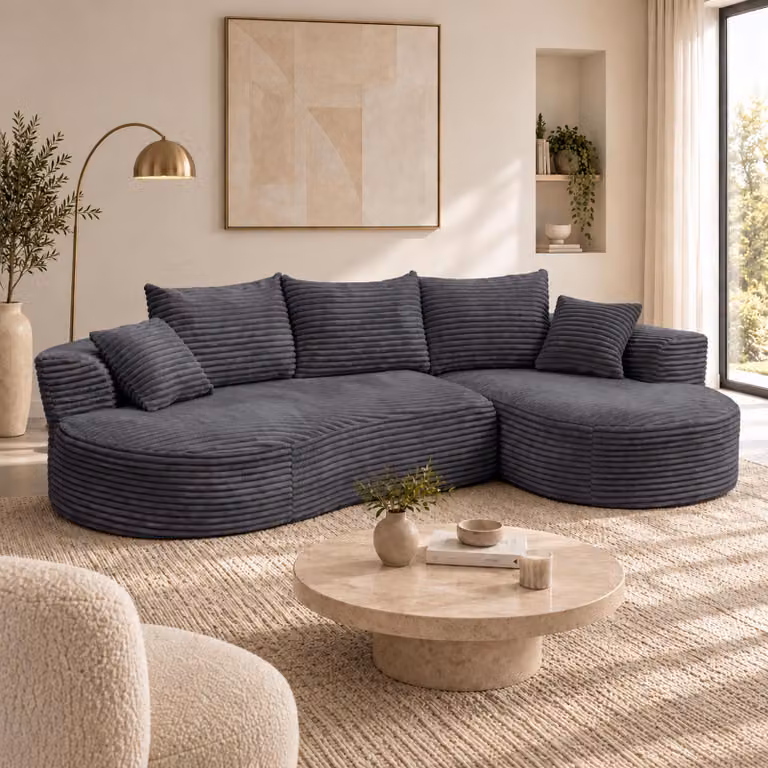 Divano componibile HWC-P19, divano a 3 posti, divano lounge, rivestito in tessuto Cord (370 g/m²), con superficie di appoggio laterale di colore grigio scuro