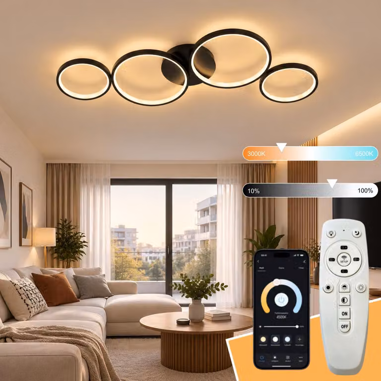 Lampada da soffitto a LED moderna, nera, diametro 88 cm, lampada da soffitto a 4 anelli, dimmerabile con regolazione continua, temperatura di colore regolabile da 3000 a 6500K, controllo tramite app e telecomando, funzione di memoria, luce notturna, timer