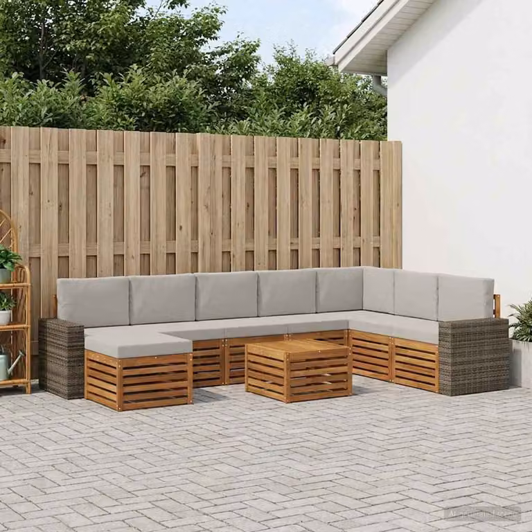 Set di divani da esterno vidaXL 9 pz in rattan e legno di acacia, colore naturale e grigio chiaro