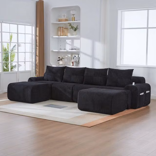 Divano Modulare REDOM a L in Velluto Nero con Portabicchieri, L/P/H: 333 x 174 x 80 cm