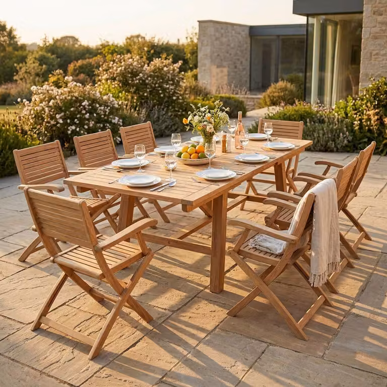 Milani Home - Set tavolo e sedie da giardino per esterno in legno resistente di teak cm 160/240x90x77 h con 8 sedute - Marrone