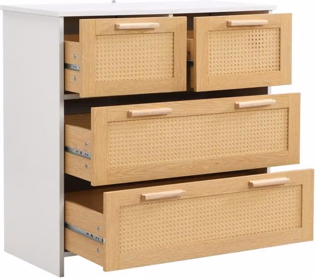 Cassettiera con 4 cassetti in rattan naturale con maniglie in legno massello, 80x80x38 cm, colore naturale e bianco