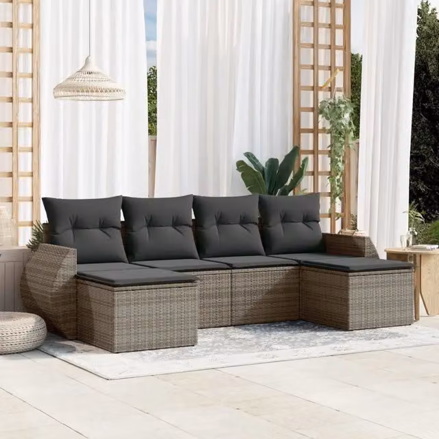 Set Divano da Giardino a L con Polyrattan e Cuscini Grigio vidaXL, 6 Pezzi – 1