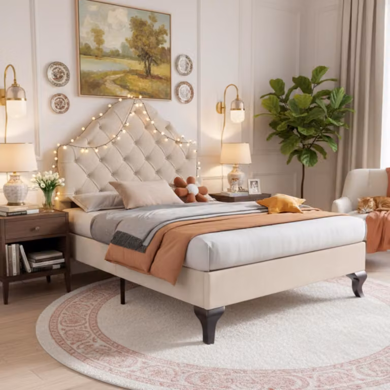 Letto imbottito 90 x 200 cm con testiera regolabile in altezza, rete a listelli in legno, design trapuntato, rivestito in velluto, colore beige, capacità di carico fino a 150 kg