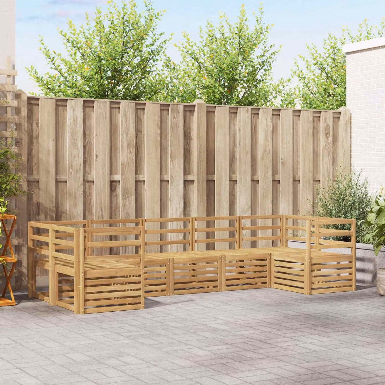 Set di divani da esterno vidaXL 7 pz in legno di acacia massello con cuscini bianchi e marroni per giardino e terrazza