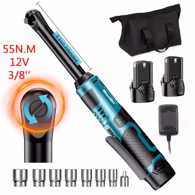 Avvitatore angolare elettrico con cricchetto - 12 V - 3/8 di pollice - 55 Nm - Albero allungato di 15,2 cm - Ricaricabile - 2 batterie da 2,0 Ah