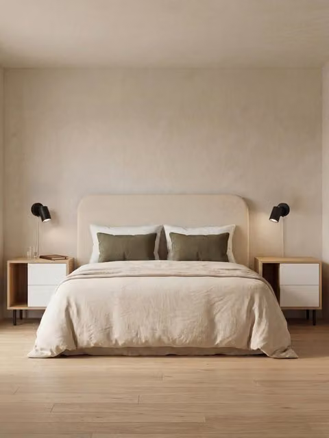 Set testiera imbottita Coline beige per letto 150/160 cm e 2 comodini Zach bianco-naturale Kenay Home