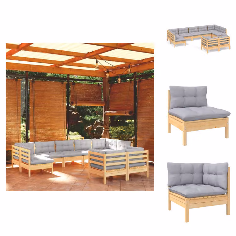 vidaXL Set 9 pezzi da giardino con cuscini grigi in pino massiccio - Set di mobili da giardino