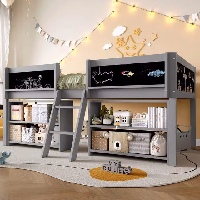 Letto rialzato grigio in pino con funzione contenitore 90x200 cm