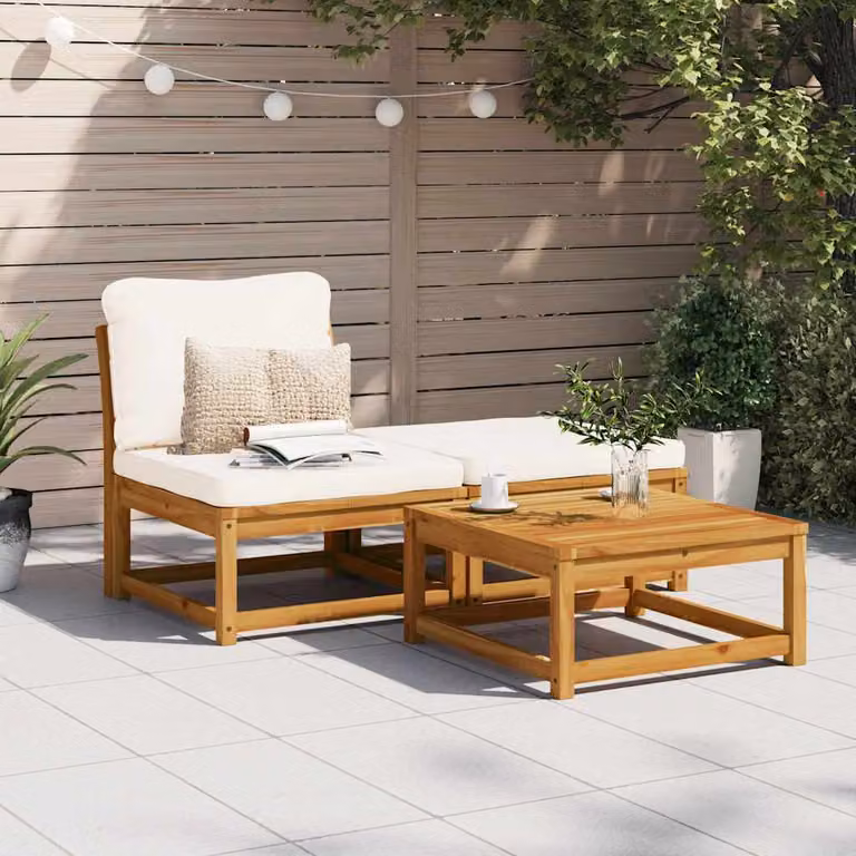 Set Mobili da Giardino Moderno vidaXL in Legno di Acacia con Divano a 2 Posti, Pouf e Tavolino da Caffè con Cuscini Bianchi e Marroni