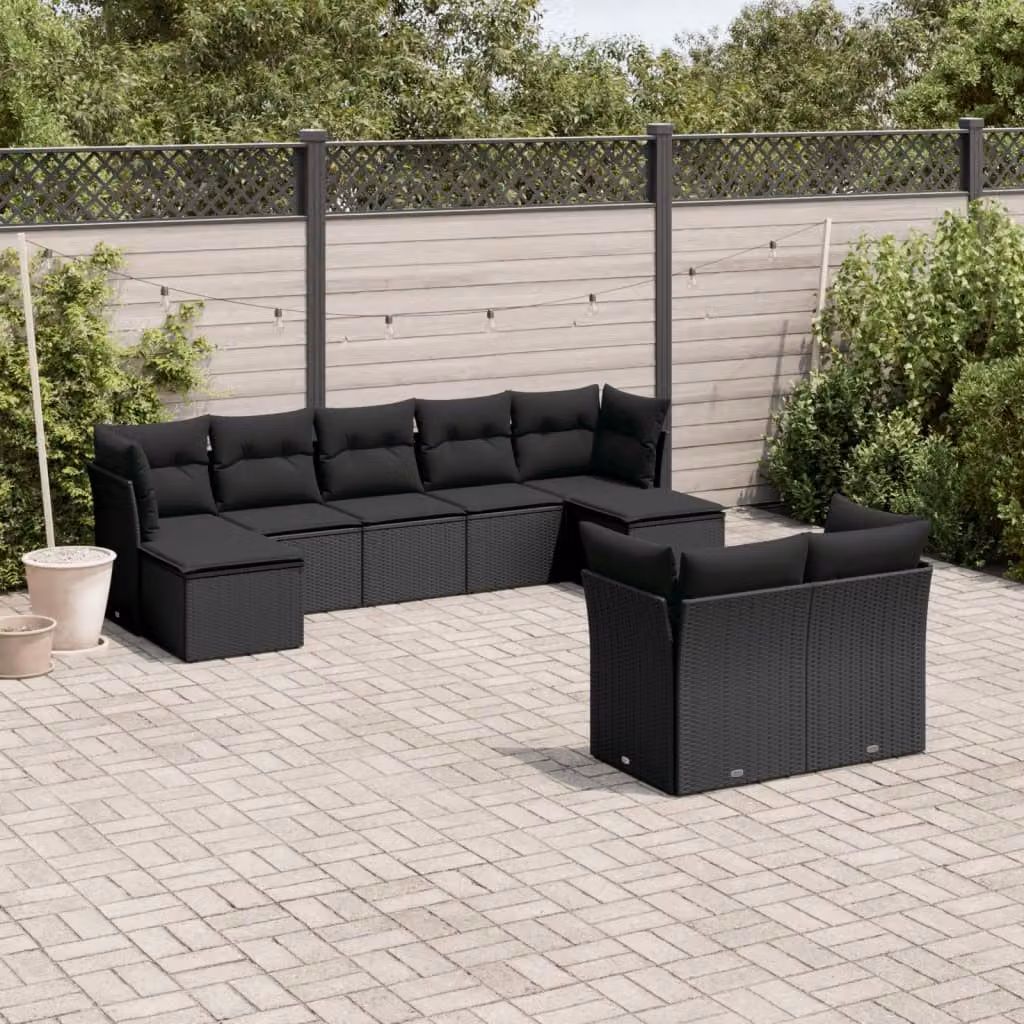 vidaXL Set Divani da Giardino 9 pz in Polyrattan Nero con Cuscini e Ottoman – 1