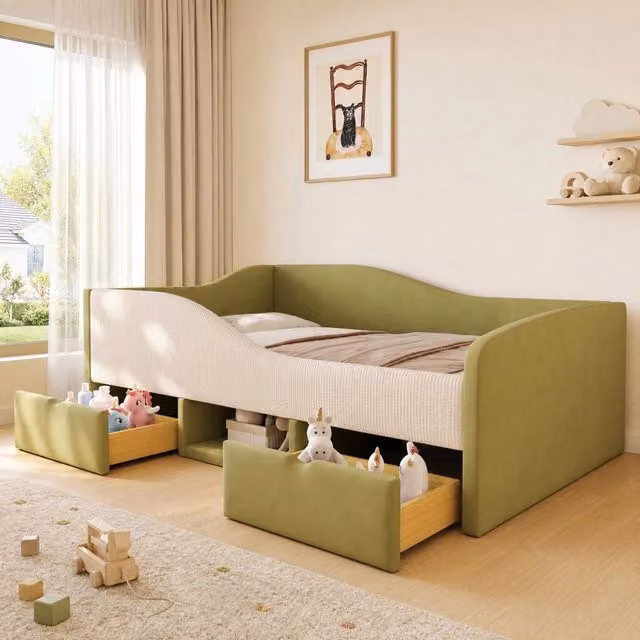 Letto imbottito per bambini 90 x 190 cm in velluto verde e avorio con 2 cassetti