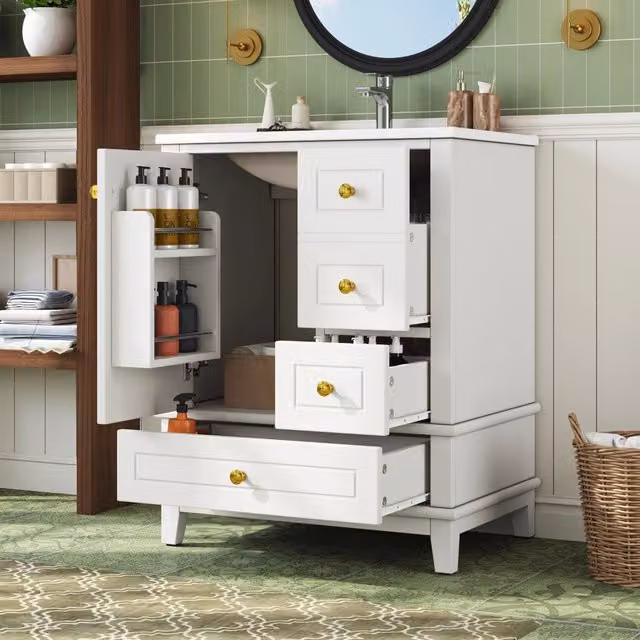 Mobile bagno con lavabo 61x47x86 cm con 3 cassetti e anta soft-close in MDF e ceramica bianco lucido