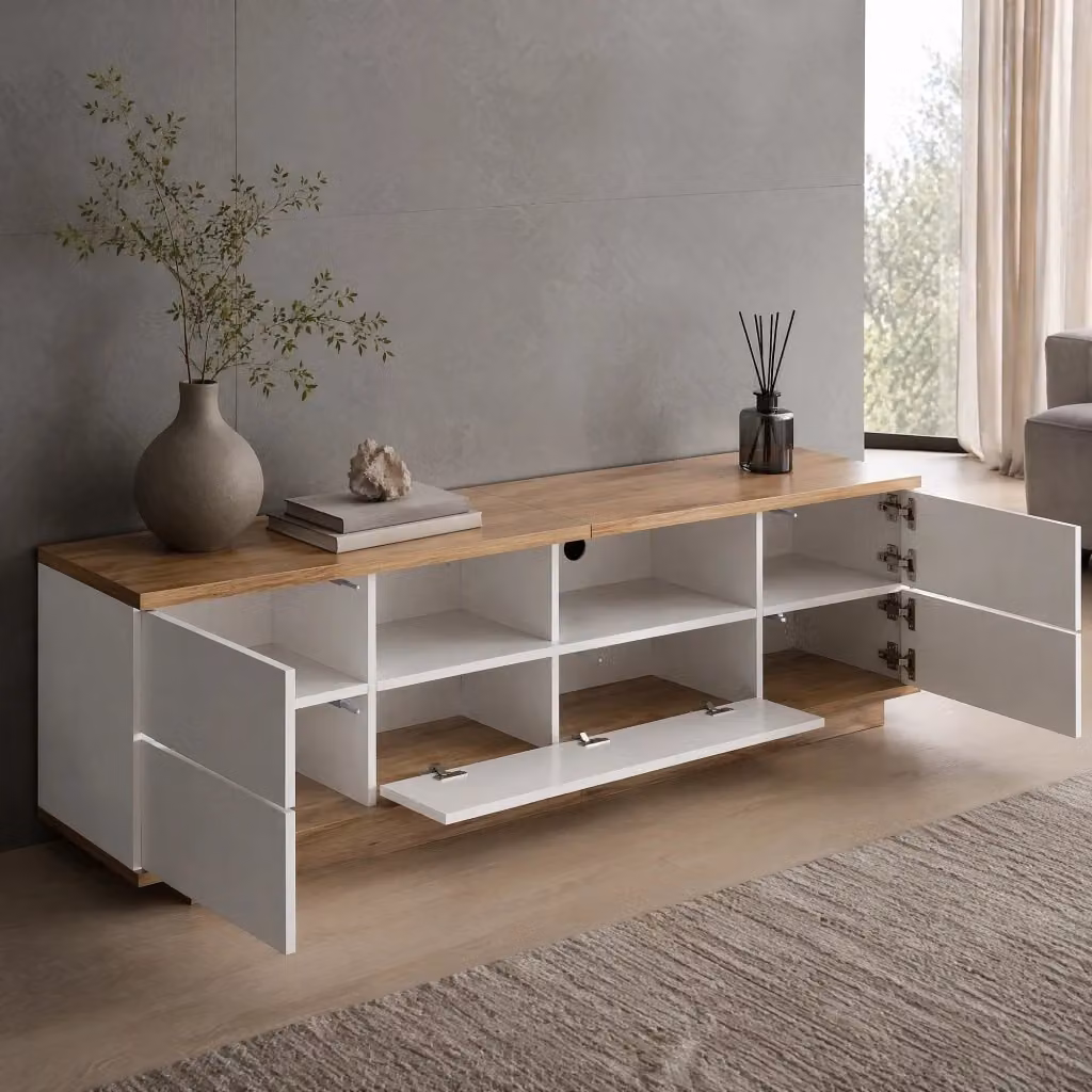 Mobile TV moderno MODFU in MDF bianco e legno con ante a griglia L: 180 cm, P: 38 cm, H: 46 cm – 2