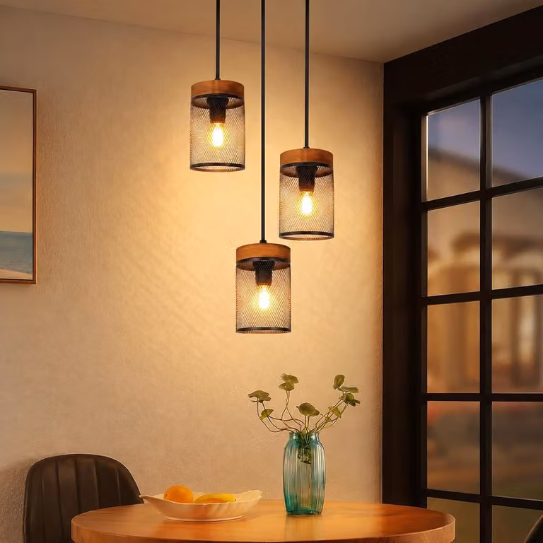 ZMH Lampada a sospensione per tavolo da pranzo a 3 luci, nera, in legno, lampada da sala da pranzo, E14, lampada a sospensione in stile industriale, lampada da tavolo da pranzo per soggiorno, sala da pranzo e cucina