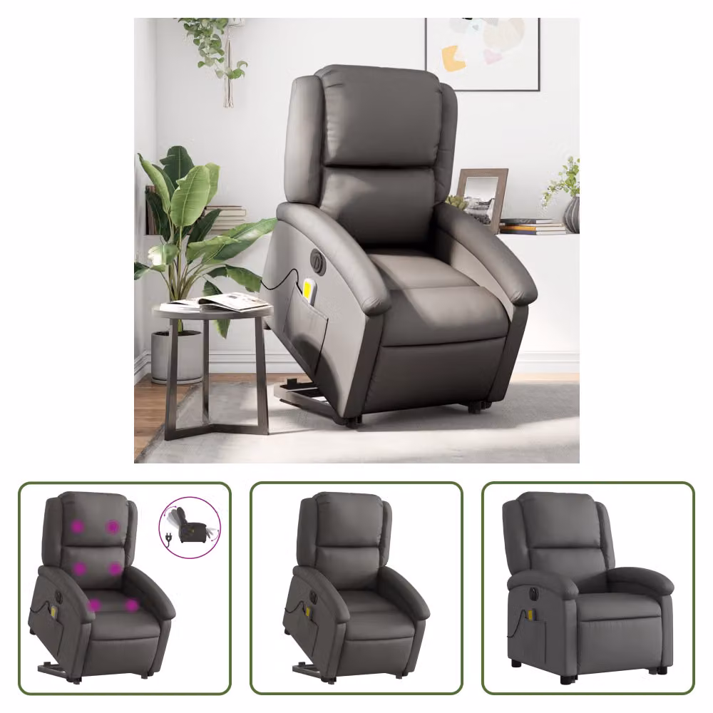 The Living Store Sedia massaggiante con supporto in piedi elettrica grigia in vera pelle