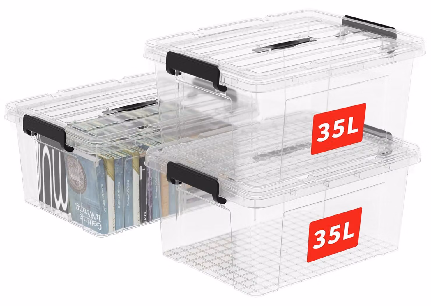 Contenitori Cetomo da 35 litri, confezione da 3, contenitori in plastica portatili con coperchio, organizer