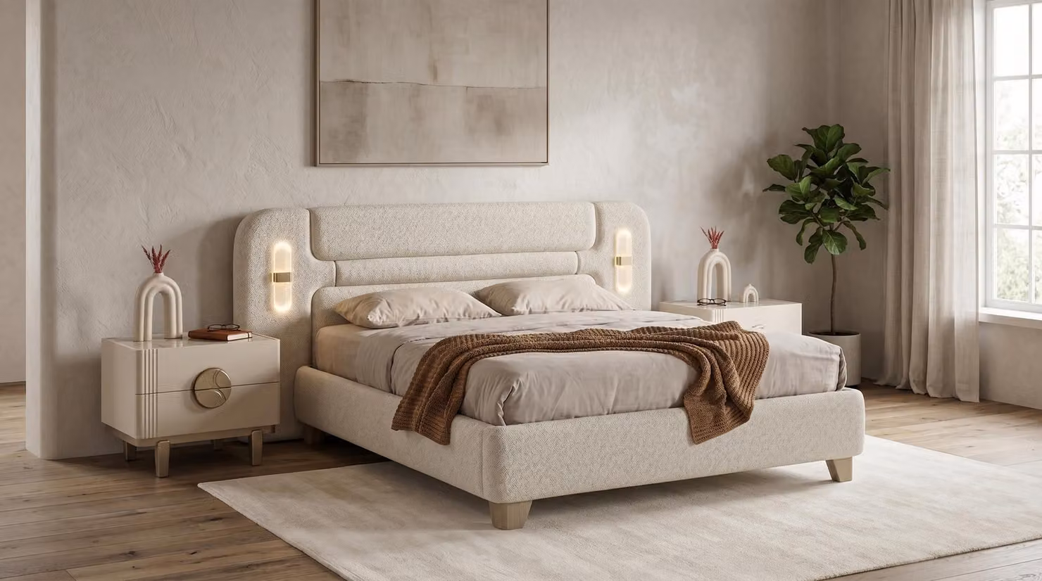 Set per camera da letto: letto e due comodini, stile moderno ed elegante, colore beige
