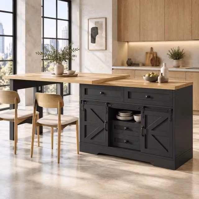 Isola cucina multifunzionale con tavolo da pranzo, armadio laterale con cassetti nascosti e pannelli girevoli a 360°