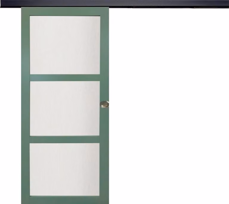 Porta scorrevole verde chiaro con vetro H204 x L73 cm, binario in alluminio con banda nera, gusci GD MENUISERIES