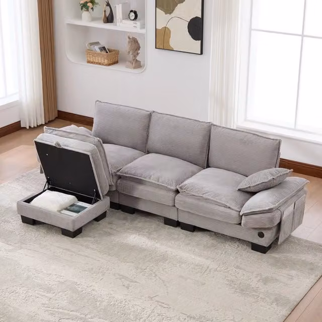 Divano 3 Posti con Poggiapiedi in Tessuto ¨C MINIMAL ¨C Grigio Chiaro