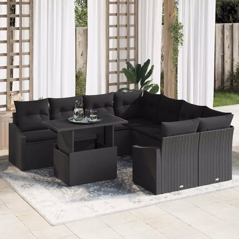 Set Divano da Giardino a L vidaXL 9 pz con Cuscini e Contenitore Nero e Grigio