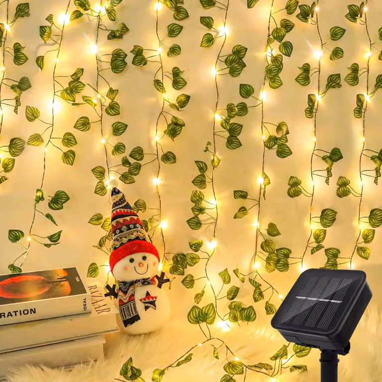 Catena luminosa solare a forma di edera artificiale, lunghezza 10 metri, 100 LED, luce bianco caldo, grado di protezione IP65