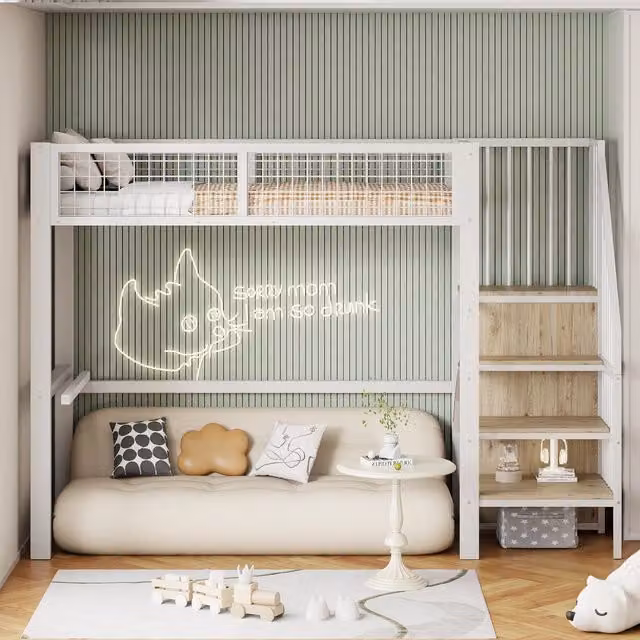 Letto a soppalco per bambini 90x200 con scala di sicurezza; armadio integrato e struttura in metallo bianco