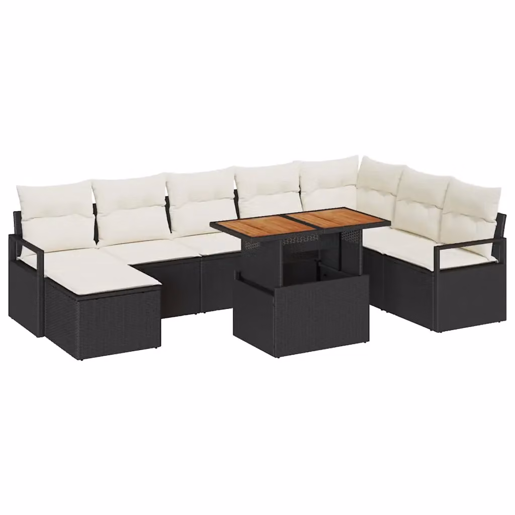 vidaXL Set Divano da Giardino a Forma di U in 9 Pezzi con Cuscini, Tavolino e Pouf, Nero e Beige – 2