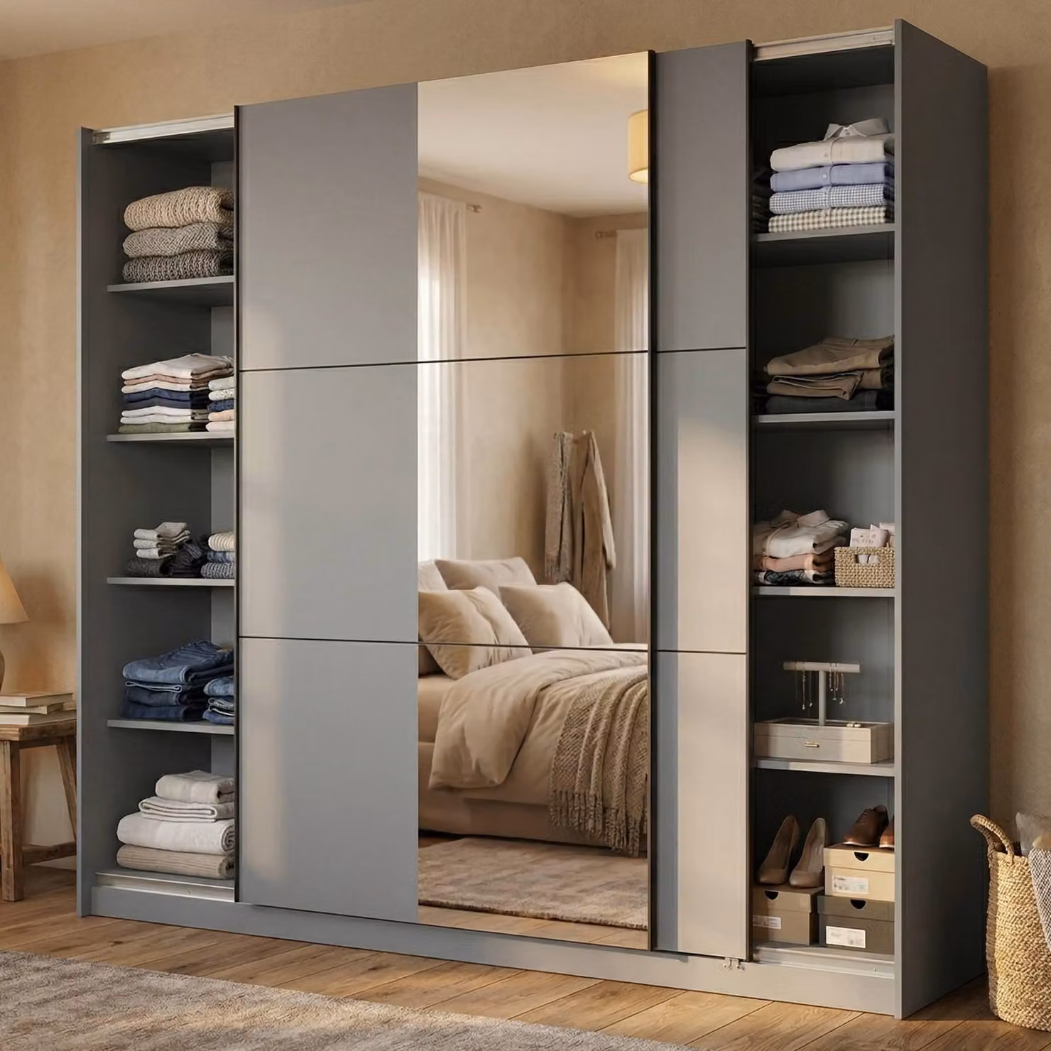 Dmora Guardaroba Grande Sorgono 237x210h cm Nero Antracite, Appendiabiti 8 Ripiani