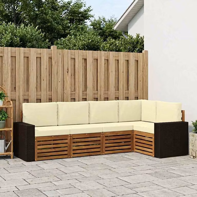 Set di divani da esterno vidaXL a forma di L composto da 5 pezzi in legno di acacia con cuscini beige e bianchi