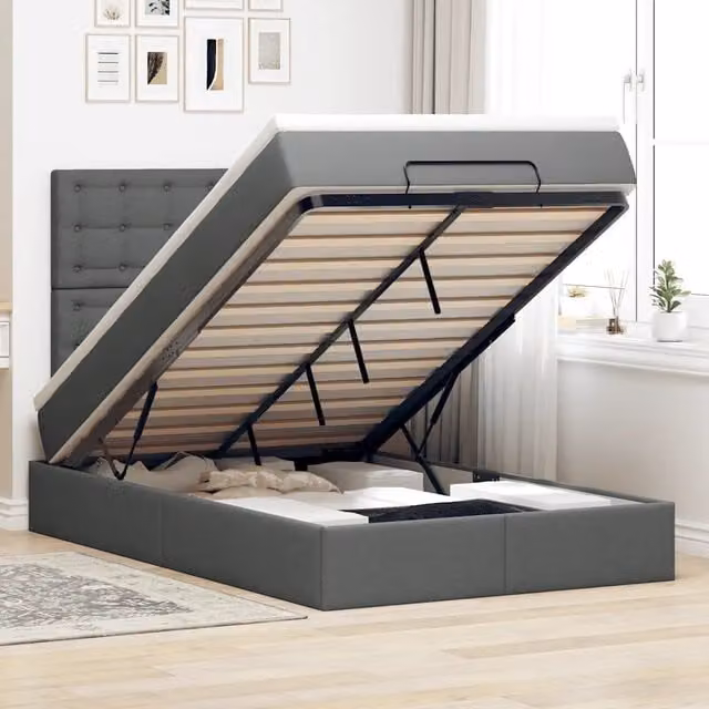 Letto con Pouf e Materasso vidaXL in Tessuto Grigio e Bianco con Base a Sollevamento, Illuminazione Sotto il Letto e Porte USB, L/P/H: 200 x 80 x 120 cm – 1