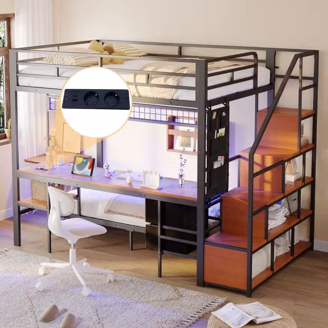 Letto a soppalco Mivray nero con letto inferiore, scrivania, illuminazione LED e cassetti, struttura in metallo e MDF, L/P/H: 247 x 140 x 170 cm