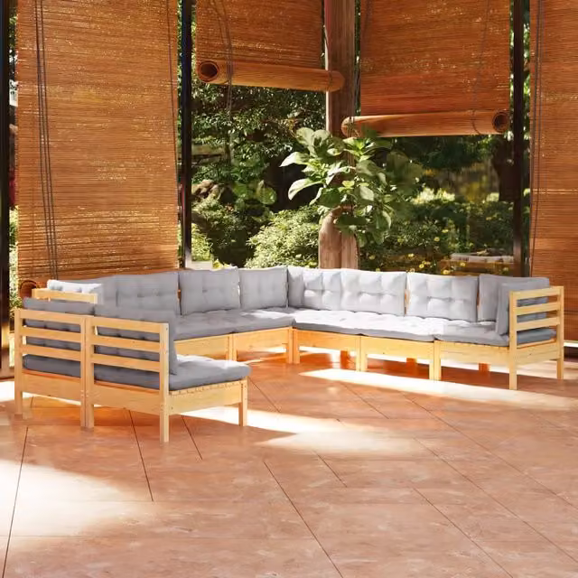 Set Divani da Giardino 9 pz con Cuscini Grigi Massello di Pino 3096826