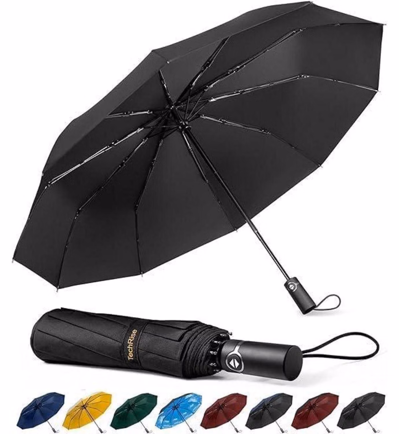 TechRise Ombrello da Borsa Antivento Robusto - 10 Stecche, Ombrello Automatico Antivento, Compatto con Funzionamento a Pulsante Singolo, Nero