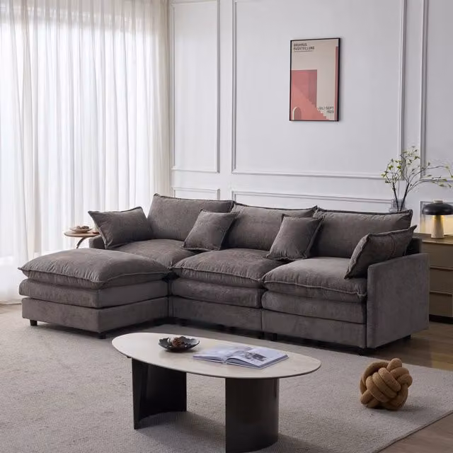 Divano angolare modulare con chaise longue e pouf, tessuto chenille grigio, struttura in legno massiccio, 3 posti