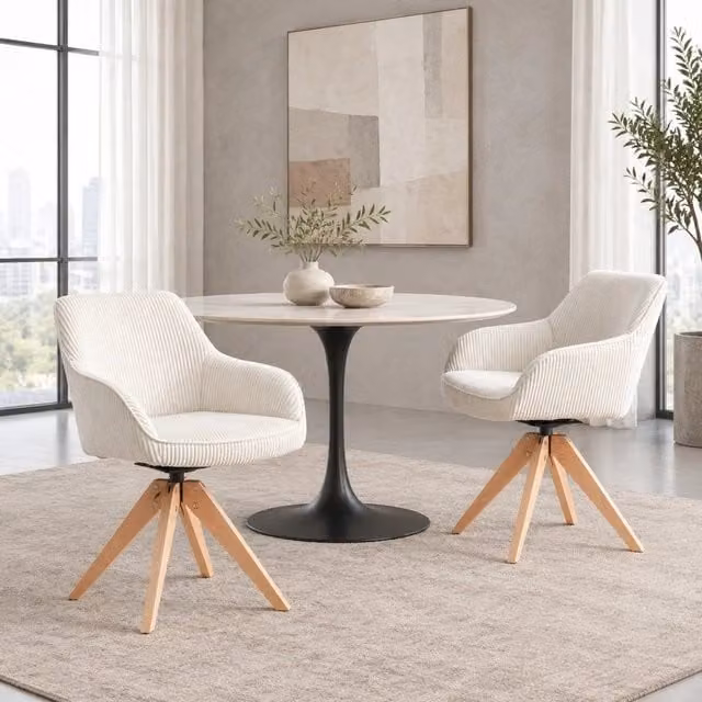 Set di 2 sedie da pranzo girevoli MIVRAY in velluto bianco con braccioli e gambe in legno