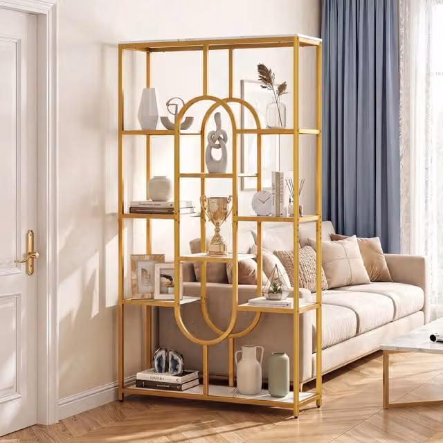 Scaffale libreria geometrico a 10 ripiani 175CM effetto marmo bianco e dorato design moderno robusto stabile per casa