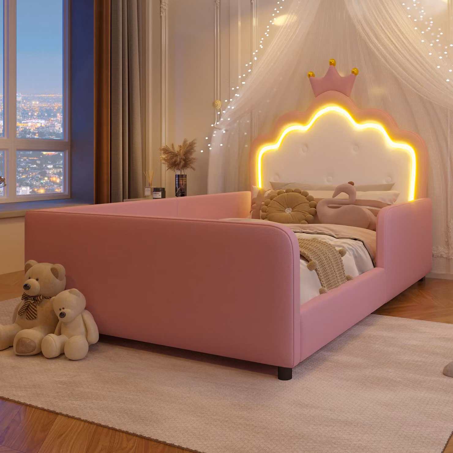 Letto imbottito Merax 90x190 cm, letto a baldacchino con piattaforma e testiera a forma di , barra luminosa LED, sponde di sicurezza, letto per bambini in PU, letto per adolescenti, rosa
