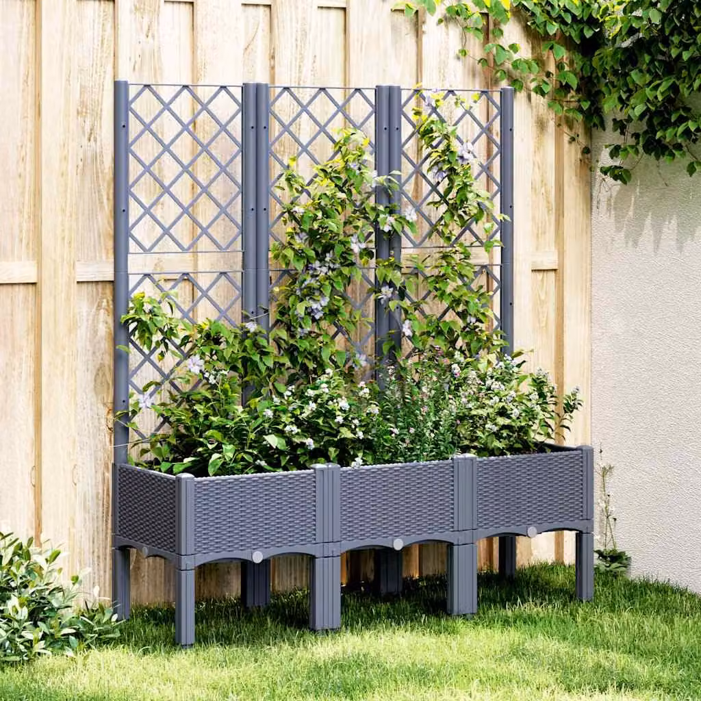 vidaXL Fioriera da giardino con traliccio per piante rampicanti in plastica, Grigio Blu, L 120 x P 40 x H 142 cm – 1