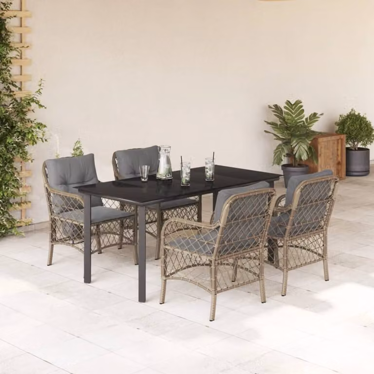 Set Pranzo da Giardino vidaXL in Polyrattan con Cuscini Beige Misto e Tavolo in Vetro, 5 Pezzi