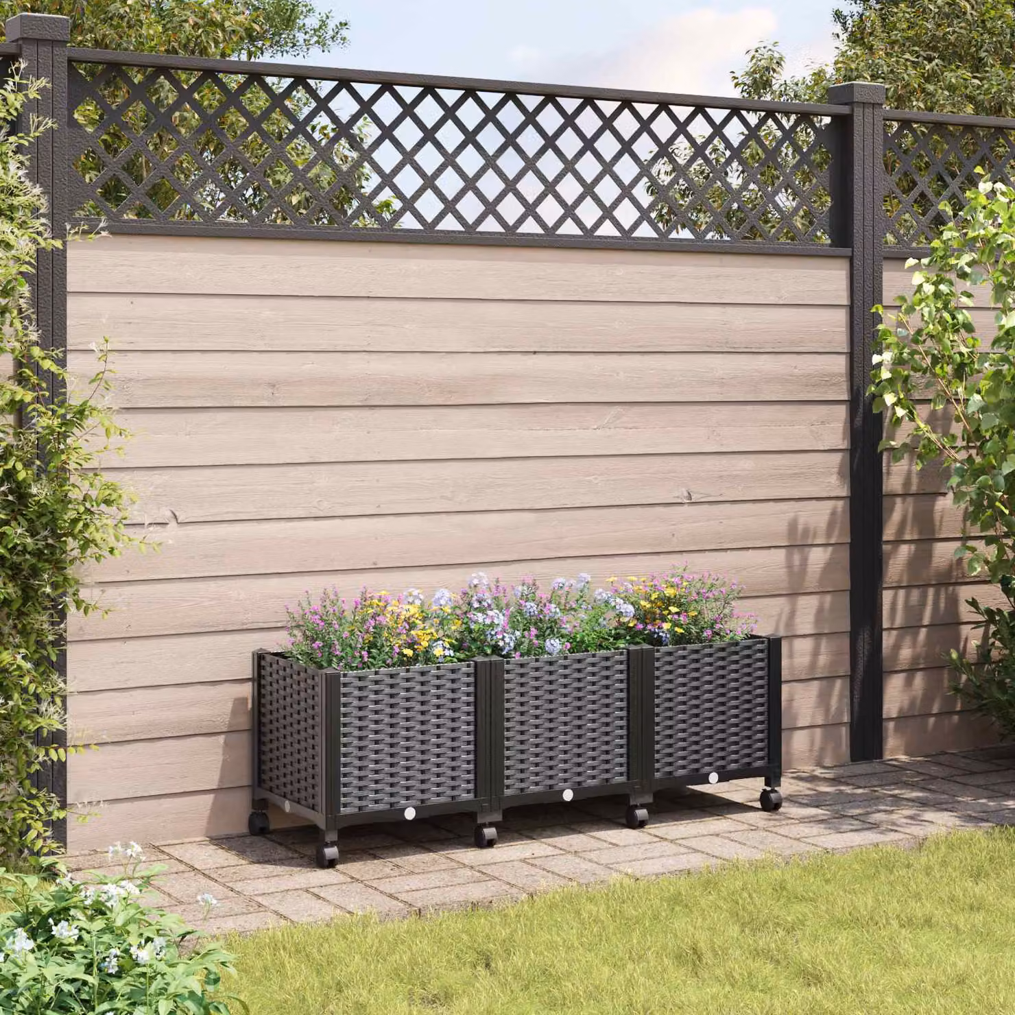 vidaXL Vaso da Giardino con Ruote Nero in Plastica L: 120 cm, P: 40 cm, H: 44 cm