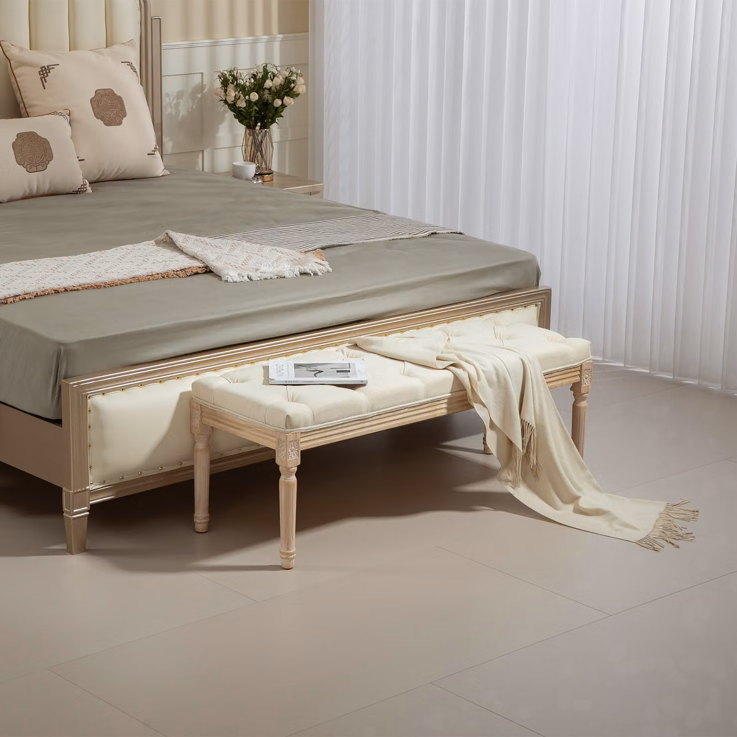 Panca fondo letto imbottita capitonné HOMCOM in stile vintage, colore crema, Larghezza: 115 cm – 2