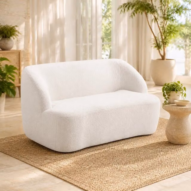 Divano 2 posti 142x85x73.5 cm con design curvo e base antiscivolo in poliestere bianco