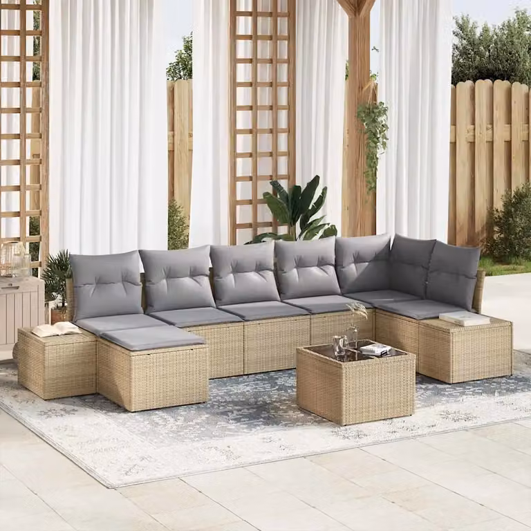 Set Divano da Giardino vidaXL 8 Pezzi a Forma di L con Tavolino e Ottoman Beige